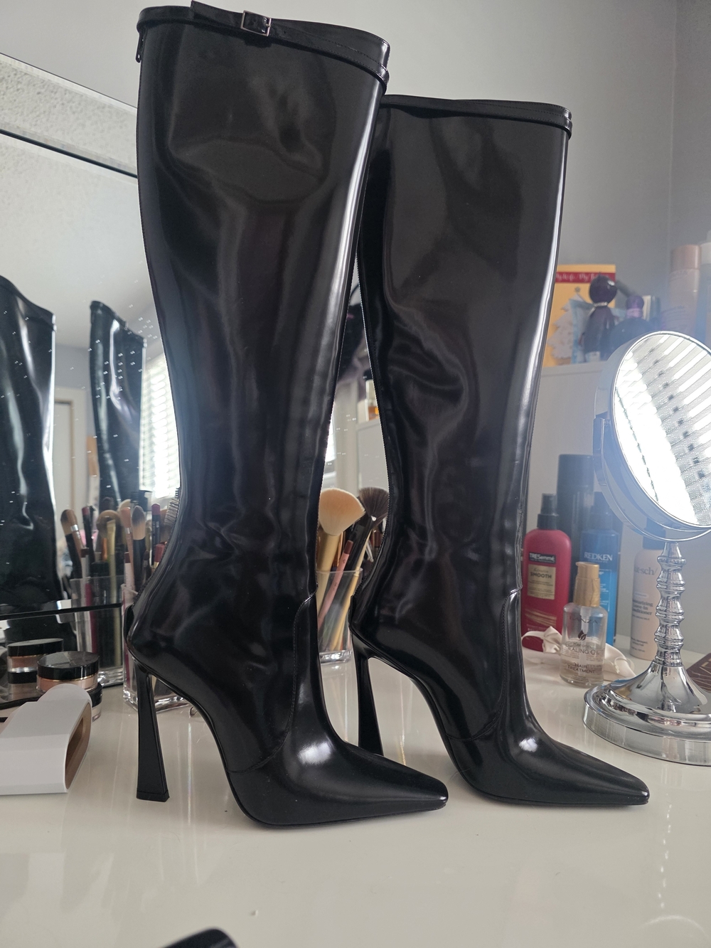 Saint Laurent Women’s Black High-Shine Knee-High Stiletto Boots
